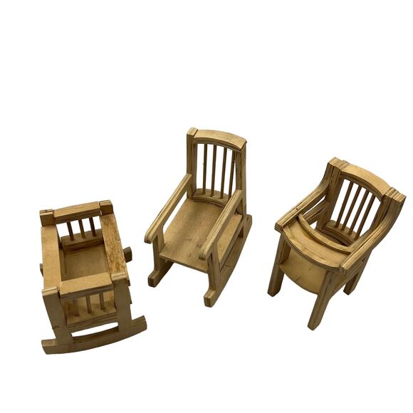 Vintage Handmade Wooden Dollhouse Miniatures Nursery Furniture High Chair Crib - Picture 1 of 9